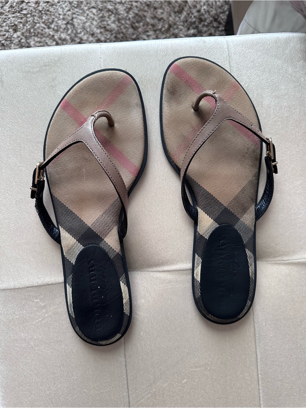 Burberry Beige Plaid Thong Sandals - Picture 2 of 3